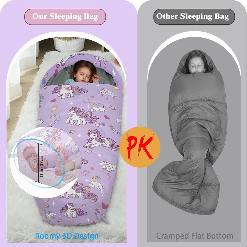 YOVOMEE Kids Sleeping Bag for Girls, 3 Season Sleeping Bag with Backpacking Bag, Warm & Cool Weather, Portable for Travel, Sleepovers, Indoor & Outdoor Camping, Machine Washable