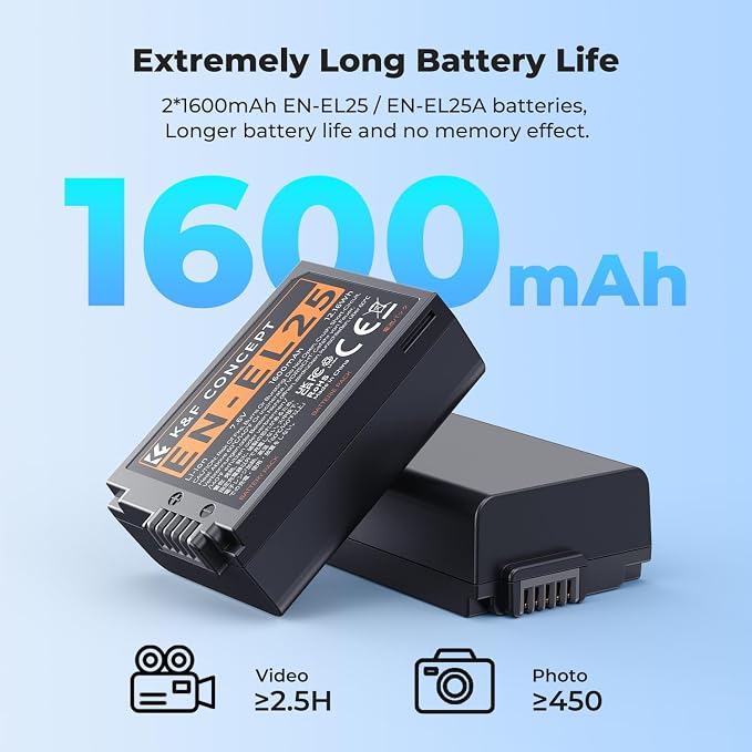 K&F CONCEPT 1600mAh EN-EL25 Battery 2-Pack EN-EL25A Battery and Dual LCD