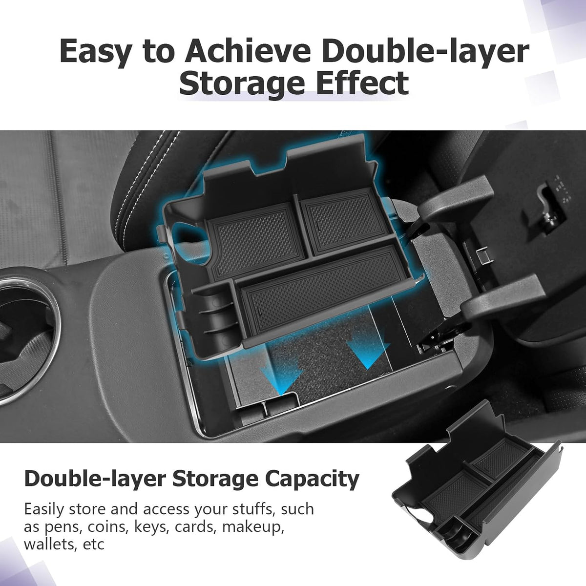 LUWU 3PCS 2025 2026 Mustang Center Console Organizer Compatible with Ford Mustang 2024 2025 2026 Accessories Armrest Console Storage Box Insert Tray Door Side Tray ABS Material Coin Container Black