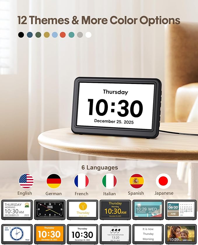 Clock with Day and Date for Elderly, Dimmable Dementia Alzheimers Clocks for