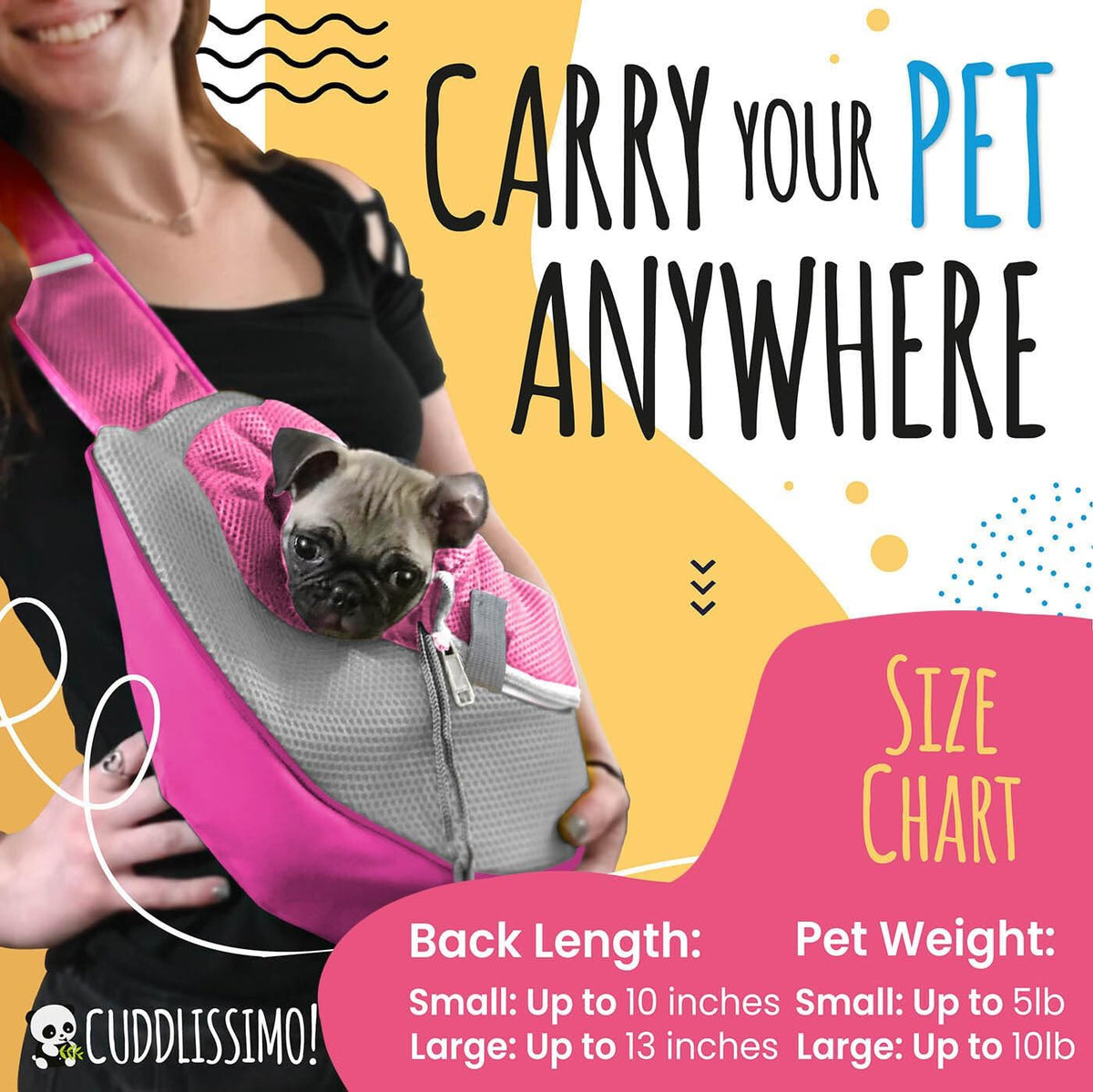 Cuddlissimo Small Dog Sling Carrier, Pet Cat Sling, Puppy Pouch - Pink-S