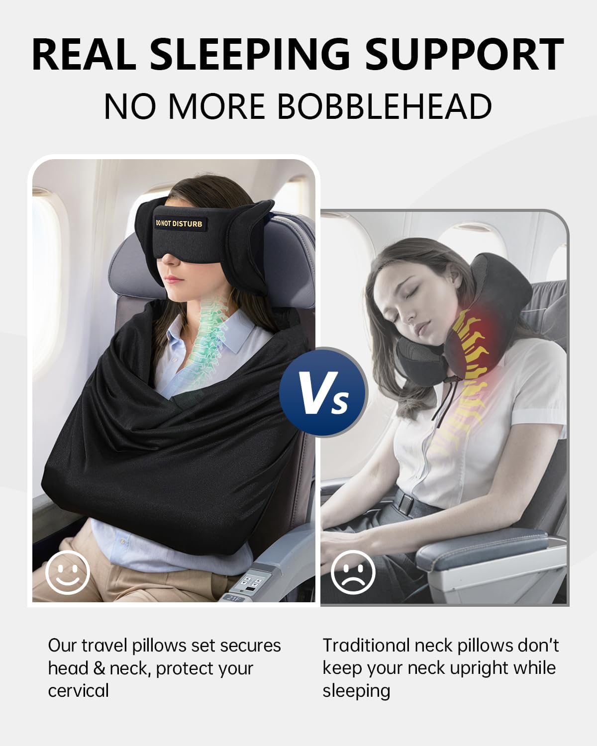 Travel Pillow and Blanket Set, Compact Airplane Pillow Bag with Eye Mask for Long Flights Sleeping, 360° Support Head Strap Travel Essentials for Plane Sleep Neck Upright, Stop Head Bodding (Black)