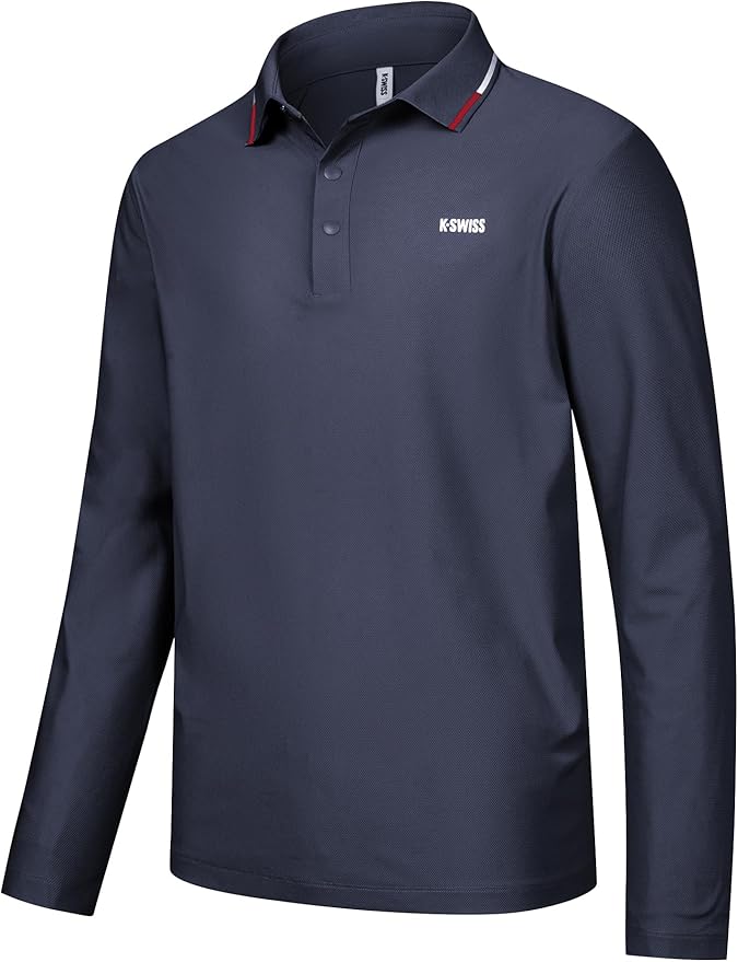 K-Swiss Men's Long Sleeve Polo Shirts - Golf Tennis Dry Fit Performance Moisture Wicking Casual Collared