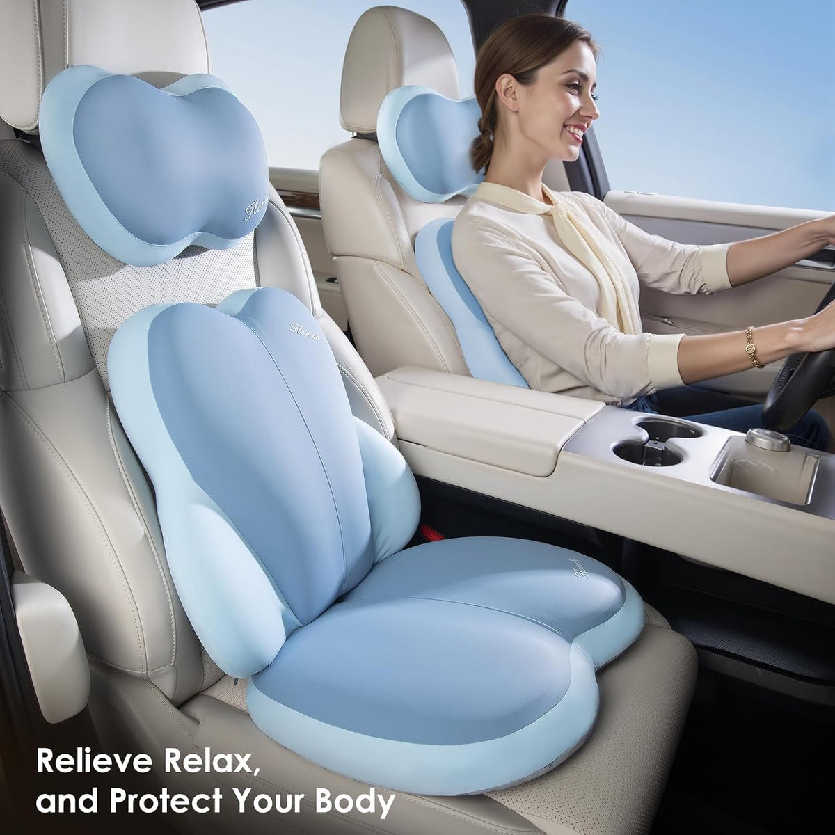 FLORICH 3 PCS Seat Cushion for Carseat Lumbar Support Pillow Car Neck Headrest Pillows Ultrathick Memory Foam Seat Pads Pressure Relief Back Cushion for Office Chair(Dark Blue)
