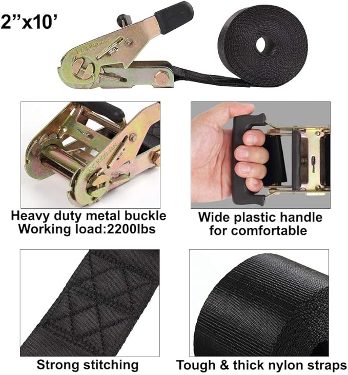 Endless Ratchet Tie Down Straps Heavy Duty Cargo Tie Downs, Sturdy Nylon Black Strap Down Ratcheting Securing Straps, Track Spring Fittings, Tie-Down Motorcycles, Trailer Loads, Kayak