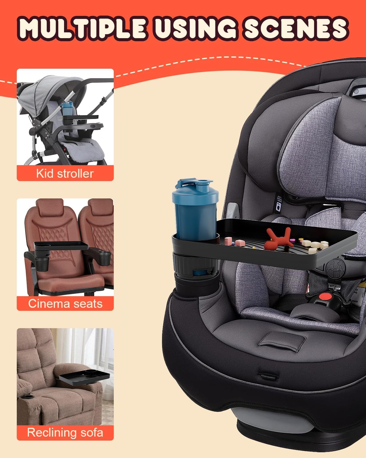 SEVEN SPARTA Car Seat Tray for Kids Fit 2.8"-3.2"Cup Holders for Snack, Toy