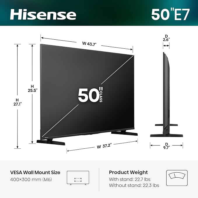 Hisense 50" E7 Cinema Series Hi-QLED Mini-LED 4K UHD Smart Fire TV (50E7SF, 2026 NEW) - Native 144Hz, AI Picture, Dolby Vision IQ · Atmos, FALD, MEMC, HDR10+ Adaptive, Alexa+