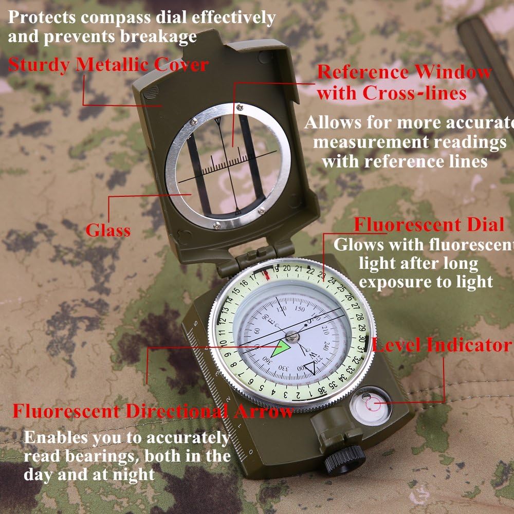Sportneer Multifunctional Compass - Army Green & Black with Inclinometer for Camping & Backpacking