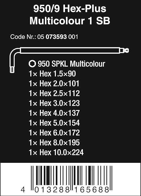 Wera Ratchet Set, 28, 1/4 in, SAE & Tools 05073593001 950 SPKL/9 SM N SB Long ARM HEX Key Set, One Size, Multi