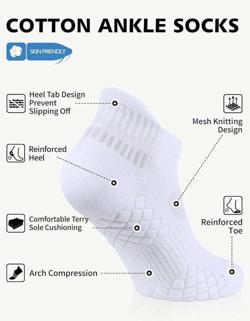 CLOSEMATE Men's Running Socks - Cushioned Ankle Athletic Socks | Breathable Cotton, 6 Pairs