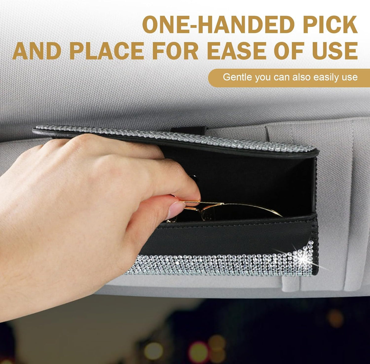 Bling Sunglasses Holder for Car Sun Visor, Rhinestone Auto Eyeglasses Mount Clip Organizer, Leather Sunvisor Sunglasses Storage Case, Universal Glasses Holder Clips for SUV, Sedan, Van (White)