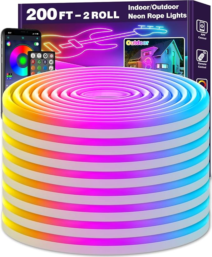 LETIANPAI 100Ft Neon Rope Lights,Flexible Led Rope Lights Control with App/Remote,Multiple Modes Music Sync Gaming RGB Led Neon Lights for Bedroom Outdoor (200FT/60M)