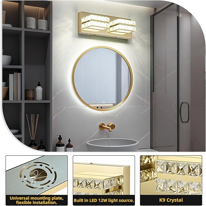 OKELI Crystal Vanity Lights LED Bathroom Vanity Light Fixture Over Mirror Modern Indoor Gold Lamp, 6000K Cold White Dimmable, 2-Lights, 18W, ETL Listed