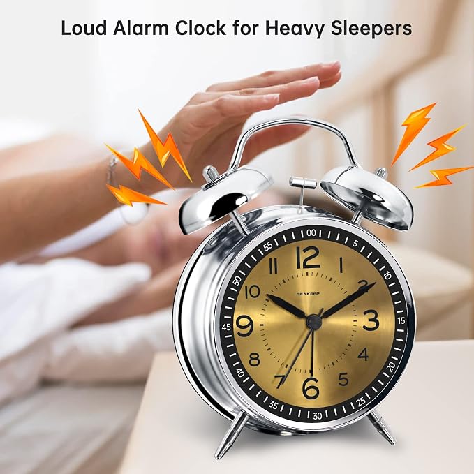 Peakeep Loud Alarm Clock for Heavy Sleepers Adults, Metal 4.5" Twin Bell