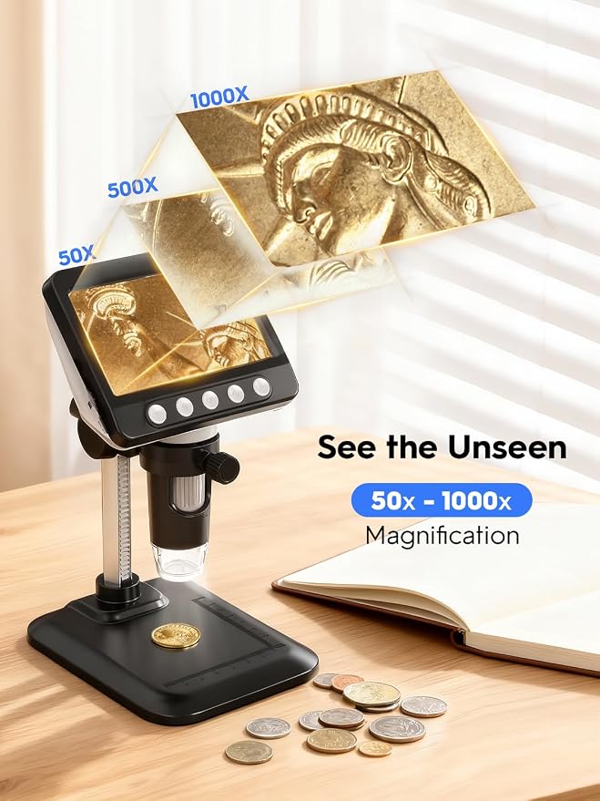 Coin Microscope, 4.3" LCD USB Digital Microscope 1000X Coin Magnifier