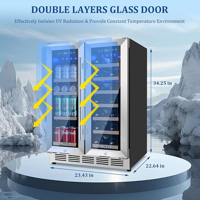24 Inch Wine and Beverage Refrigerator, Dual Zone Wine Beverage Fridge with Glass Door, Built-In/Freestanding Beverage Cooler 24" with French Door, Holds 20 Bottles and 88 Cans for Home/Kitchen