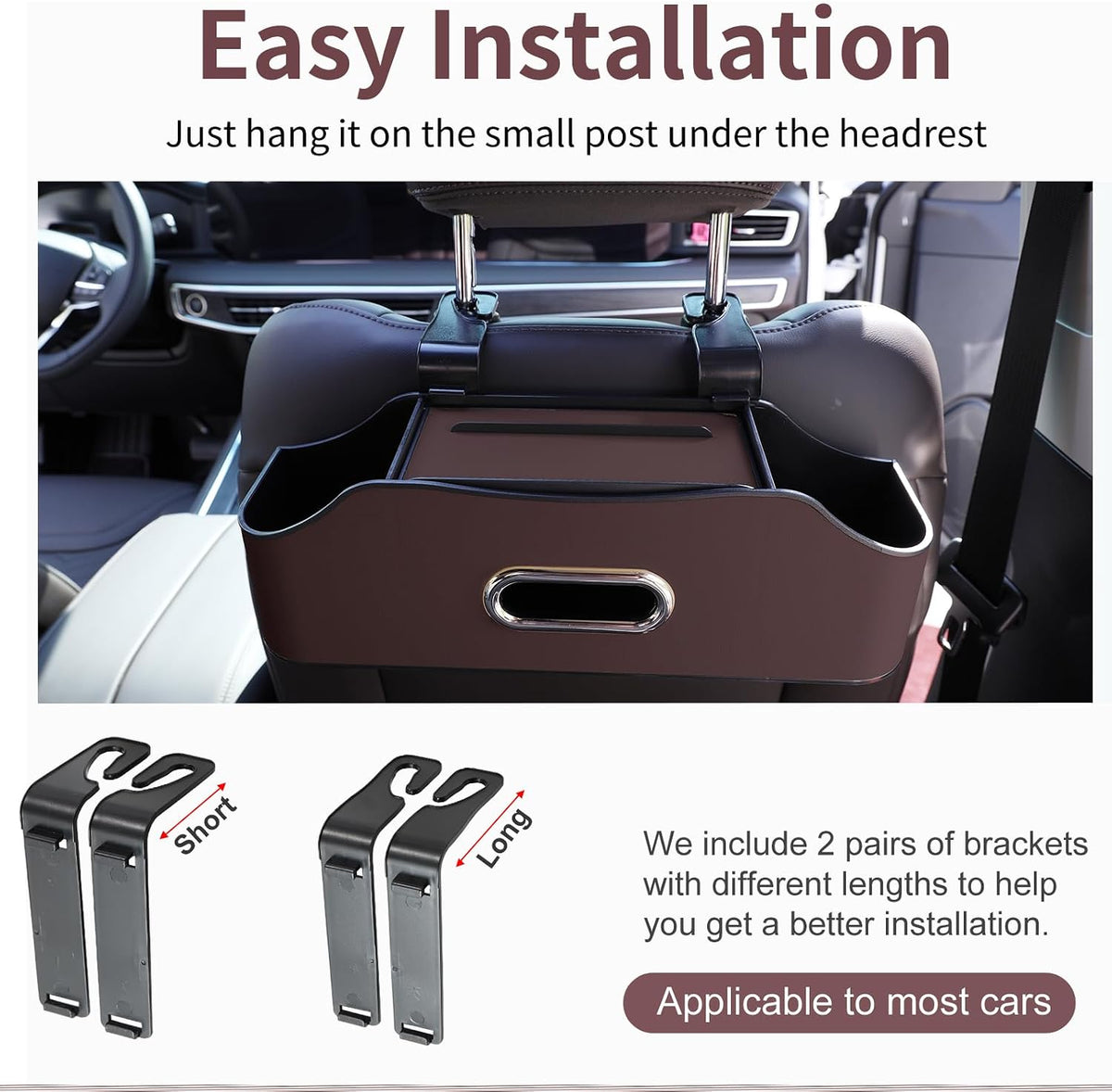 Back Seat Cup Holder for Car – Multifunctional Seat Back Organizer with Drink Holders, Tissue Box Storage & Hooks, Fits Headrest for Auto. (Brown)