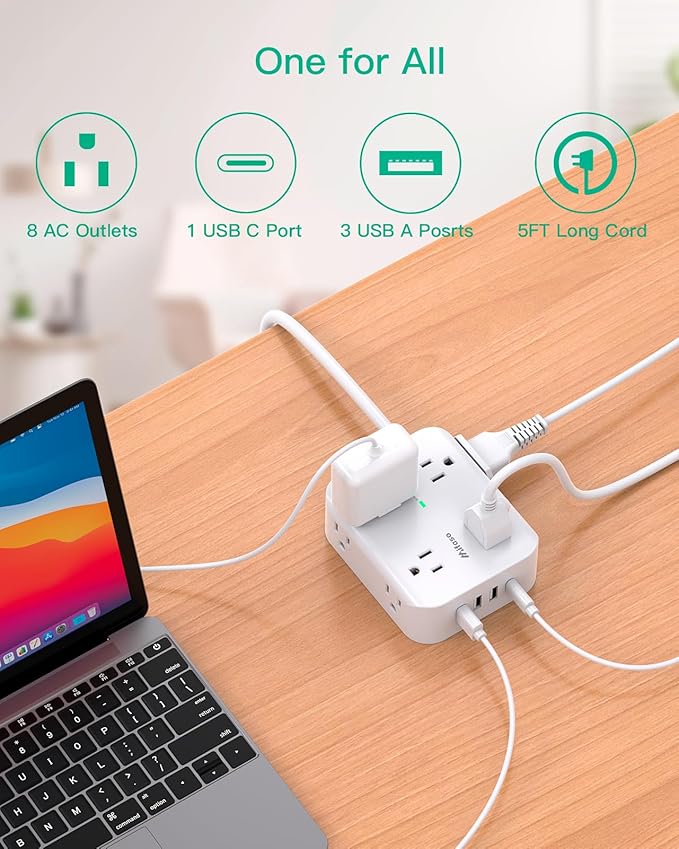 Power Strip Surge Protector - Flat Plug, 8 Wide Outlets with 4 USB Ports (1 USB C), 5FT Heavy Duty Extension Cord with Multiple Outlets, Wall Mount, Charging Station Overload Protection for Home Dorm