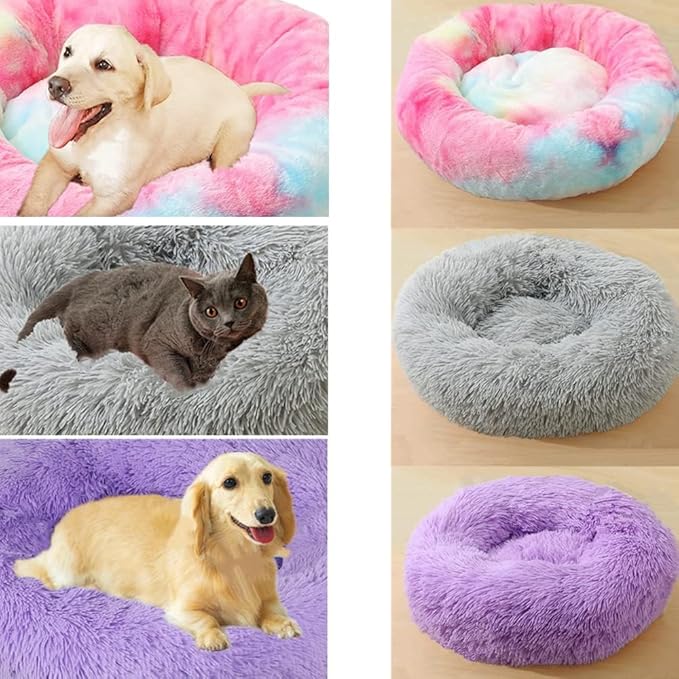 Calming Dog & Cat Bed, 24 Inch Anti-Anxiety Donut Cuddler Cat Bed with Anti-Slip Bottom, Washable Round Fluffy Pet Bed for Small Medium Dogs and Cats (Dark Blue)
