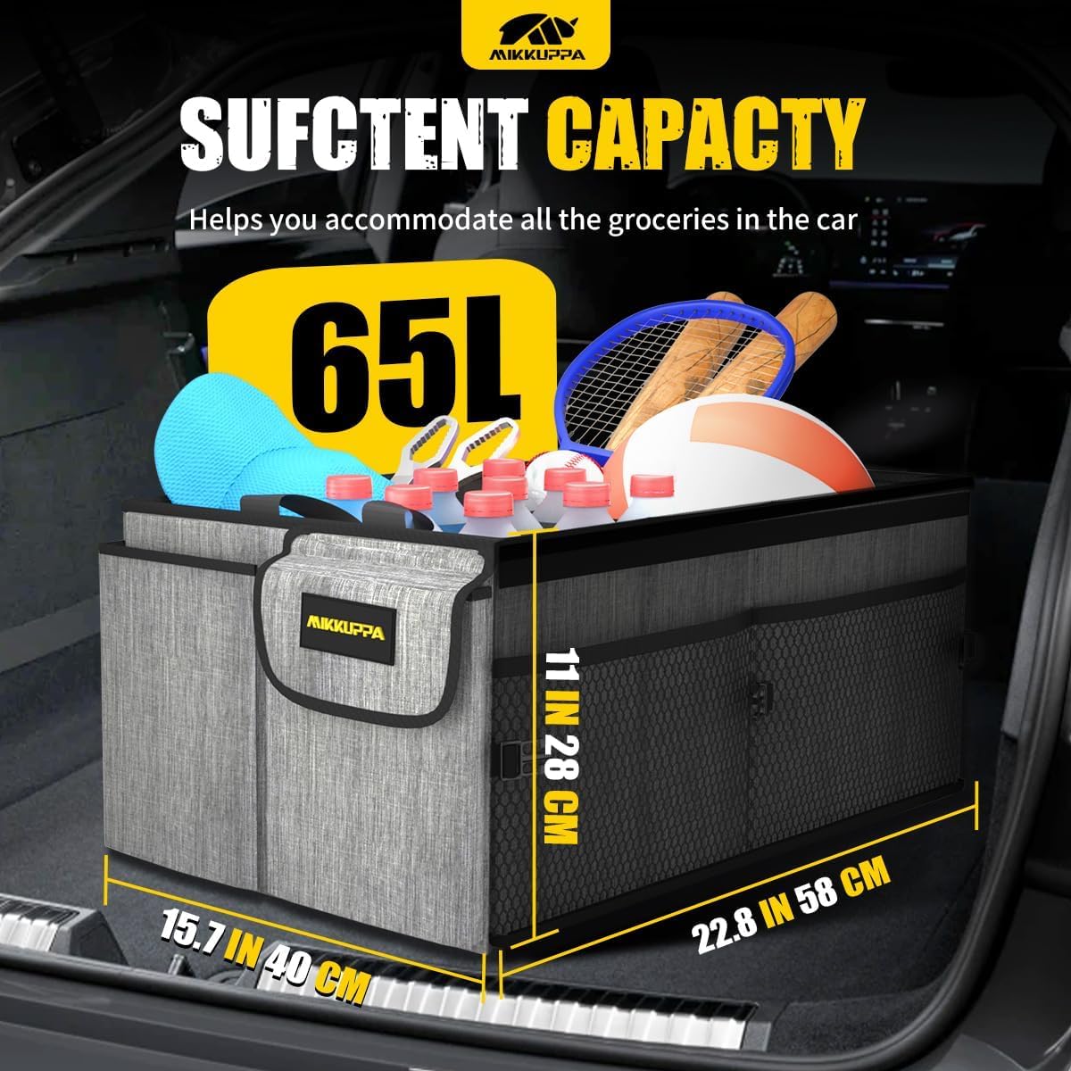 MIKKUPPA Car Trunk Organizer - 65L Collapsible Trunk Organizer with Lid, Sturdy Car Storage for SUV Auto Truck Van with Adjustable Straps and Non Slip Bottom (Gray)