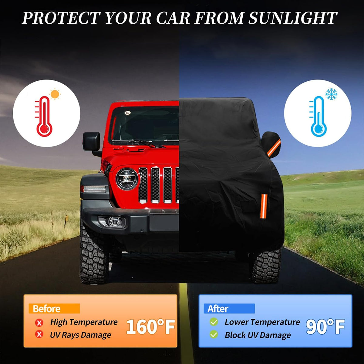 Waterproof Car Cover for Jeep Wrangler 2 Door 1987-2024 2025 JK JL TJ YJ CJ Sahara, Upgraded Outdoor Full Exterior Sun Rain Snow Hail Protection with Driver Door Zipper