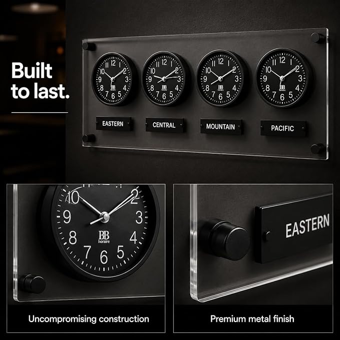 BBHORAIRE Black Time Zone Wall Clock, Silent Quartz Analog World Clock
