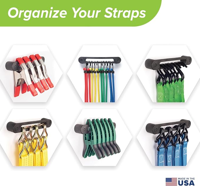 AV1 Hook Rail Strap Organizer (2-Pack) – Low Profile Tie Down, Ratchet & Bungee Cord Storage for Garage, Workshop, Home or Enclosed Trailer – Made in USA – Backed by Our Guarantee!