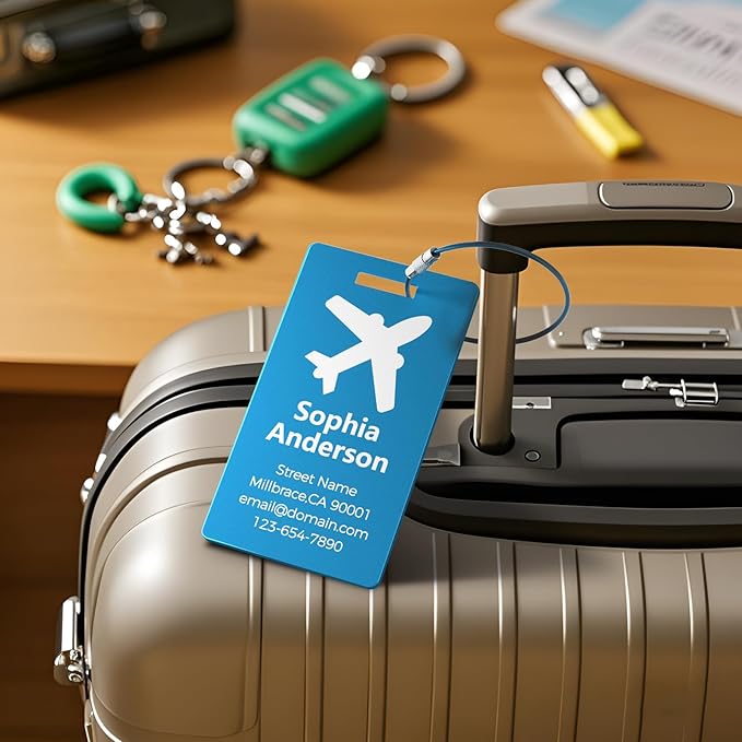 4 Personalized Metal Luggage Tags for Suitcase, Laser Engraved with Text and Logo, Custom Aluminum Name Tags with Stainless Steel Ring, for Travel, Golf Bag, and Baggage (Green)