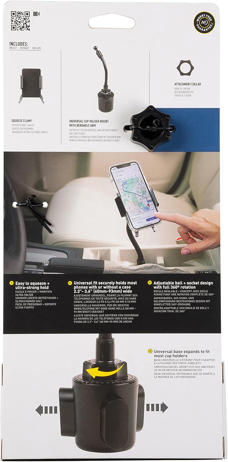 Nite IZE Squeeze Universal Cup Holder Mount - Universal Cell Phone Holder for Car Cup Holder - Sturdy Phone Accessories for Cars - Alternative to Car Vent or Dashboard Mount - Black