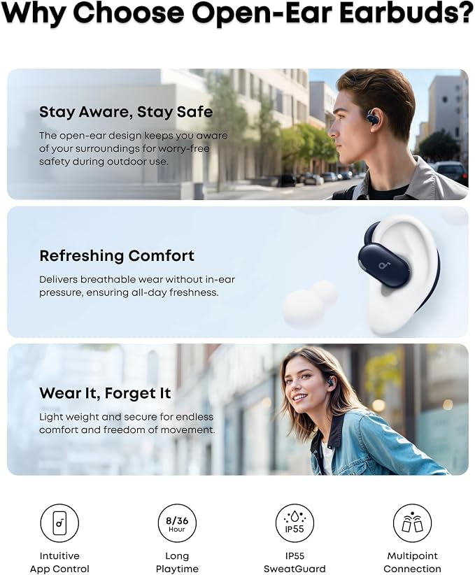 Soundcore V20i by Anker Open Ear Earbuds, Open Ear Headphones True Wireless | Adjustable Hooks, Ultra-Comfort, Snug Fit, Power Sound, Clear Calls, IP55, 36H Playtime, Bluetooth 5.4, Multipoint Connection