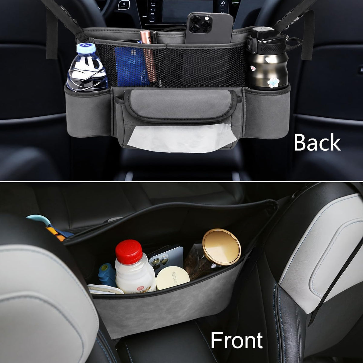 Car Handbag Holder Between Seats Suede Large Capacity Car Purse Holder Automotive Consoles, Fits Between Front Seats, Holds Wallet, Phone & Essentials (Grey)