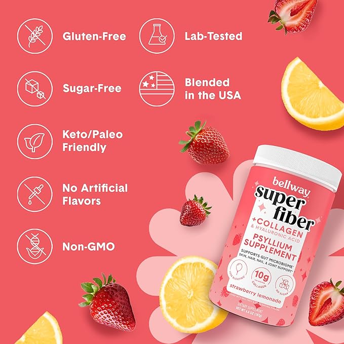 Bellway Super Fiber Powder + Collagen, Strawberry Lemonade Electric Frother Bundle