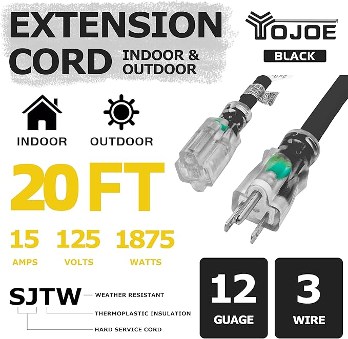 YOJOE Indoor Outdoor Extension Cord with Lighted End, 3 Prong 15A Weatherproof Power Cord, 12 Gauge Heavy Duty 20 ft Black Extension Cord for Garage, Garden and Home, 12/3 SJTW UL Listed