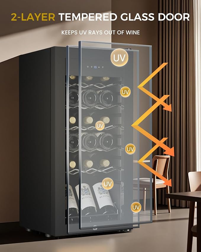 Feelfunn 18 Bottle Wine Cooler Refrigerator - Small Wine Fridge with Glass Door & Digital Temperature Control, Freestanding Wine Refrigerator for Red, White, Champagne or Sparkling Wine, Black