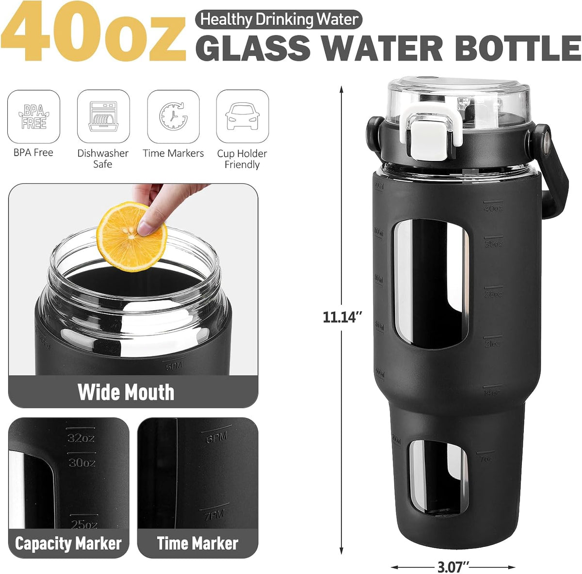 BLUEGO 40 oz Glass Water Bottles with Straw Time Marker, Glass Tumbler with Handle Top Lids, Easy to Clean, Fits in Car Cup Holder, Leakproof Jug for Gym, Sports, Workout & Daily, Black