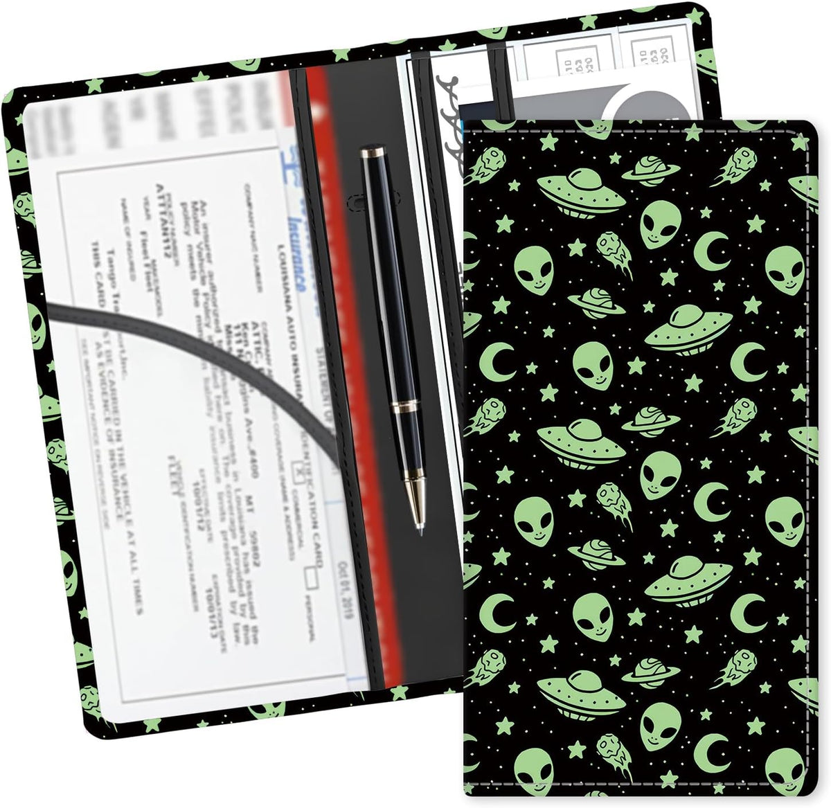 Leather Car Registration and Insurance Card Holder, Cute Car Accessories Vehicle Glove Box Car Organizer for Documents, Cards, License Cute Green Aliens