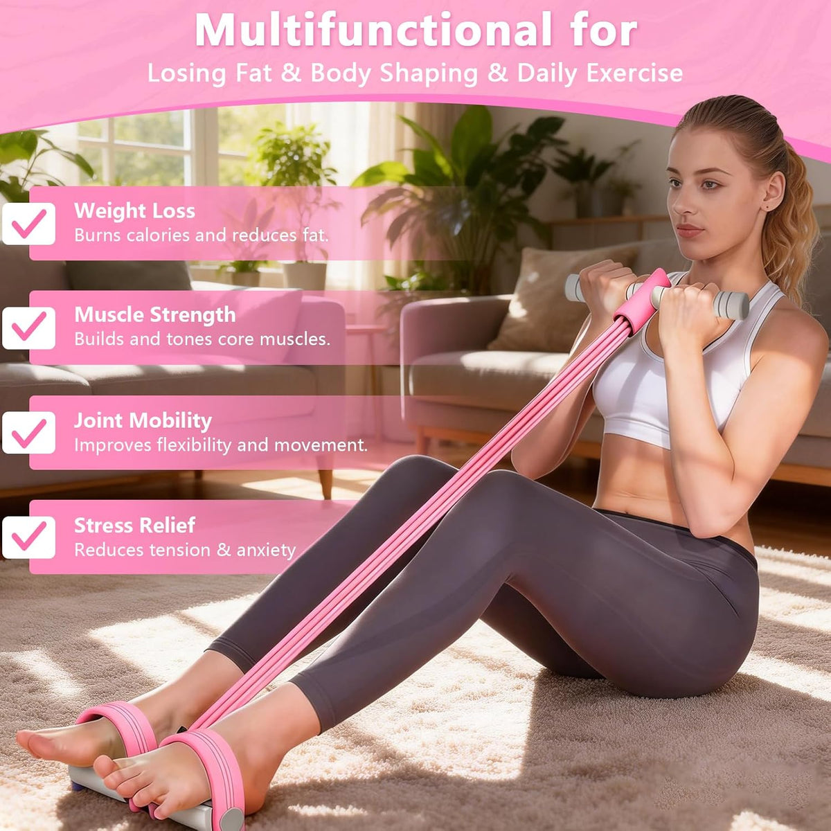 Pedal Resistance Band by 8-Tubes - Multifunctional Exercise Rope for Full Body Workout - Pink