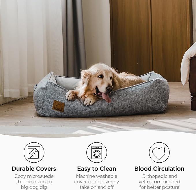ATIFBOP Orthopedic Dog Bed, Bolster Dog Sofa with Removable Cover, Cooling Pad Memory Foam Couch, Pain Relief Pet Bed (Grey, 40x31x11 inch)