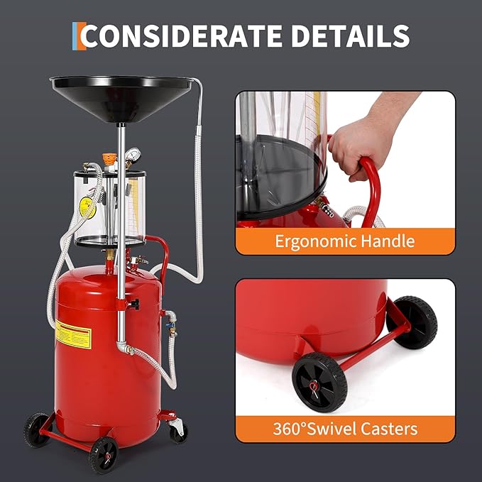 20 Gallon Waste Oil Drain Tank, Air Operated Portable Oil Drainer With Adjustable Funnel, Fluid Fuel Transfer Drainage With Wheels, Oil Change Container for Automotive Workshops