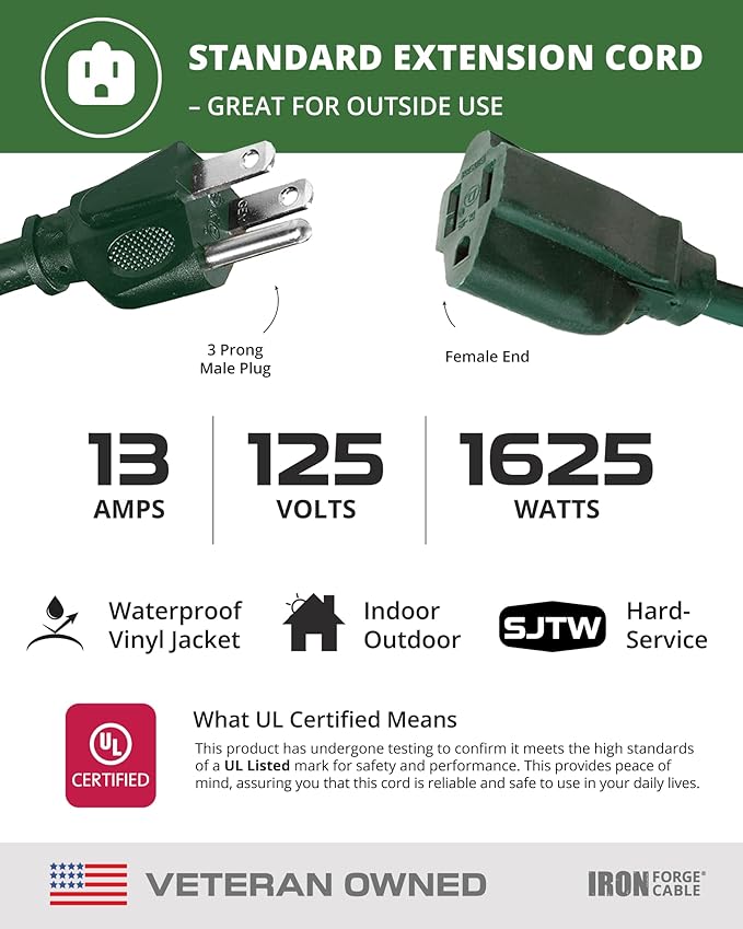 Iron Forge Cable Weatherproof 6 Ft Outdoor Extension Cord - 16/3 SJTW Heavy Duty Green Extension Cord 3 Prong - 13 Amp Exterior Power Cable