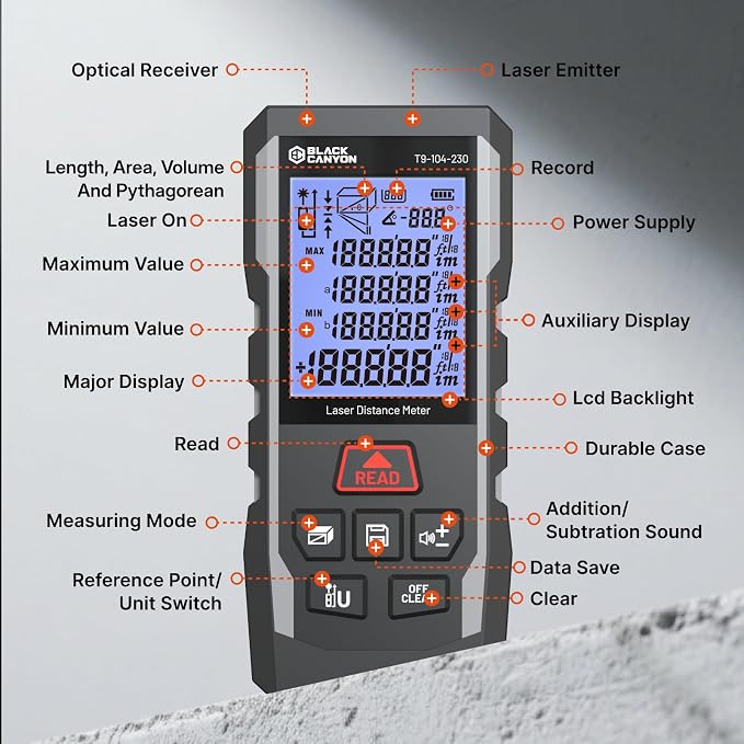 BLACK CANYON Laser Distance Meter, 165/230/330 ft Range