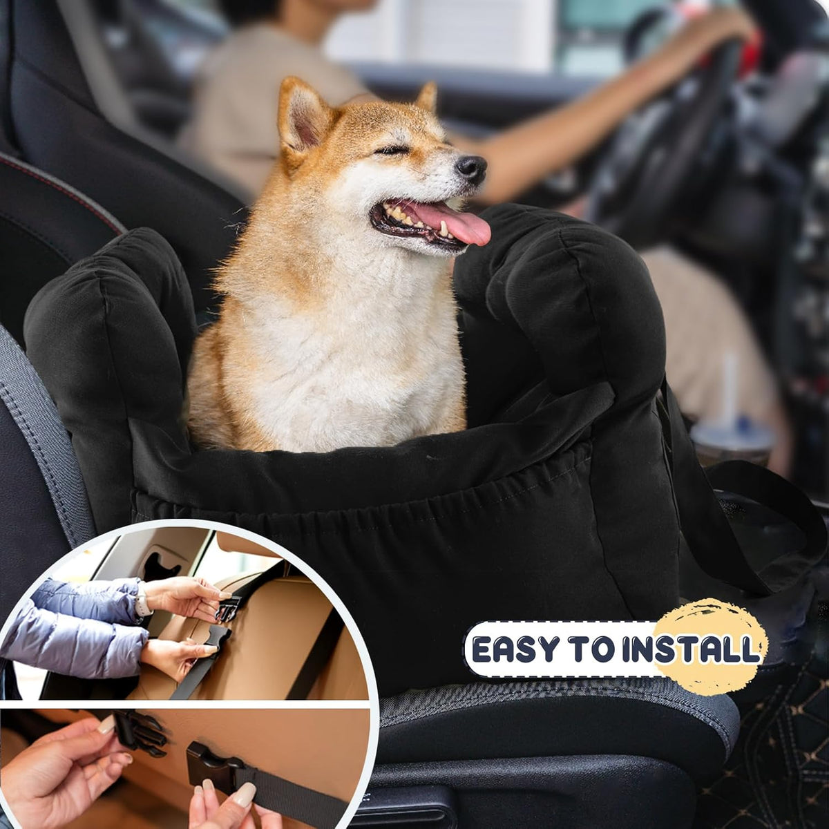 Dog Car Seat for Small Dogs, Portable Puppy Car Seat of Easy Installation, Fashionable Pet Carrier Bag with Large Pockets, Machine Washable Dog Booster Seat (Black)