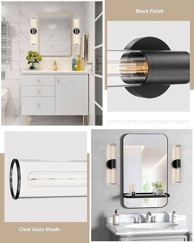Bathroom Vanity Light Fixture, 2-Light Black Wall Sconce Lighting Fixture with Clear Glass, Indoor E26 Socket Wall Lamp for Mirror Living Room Hallway, 2 Pack