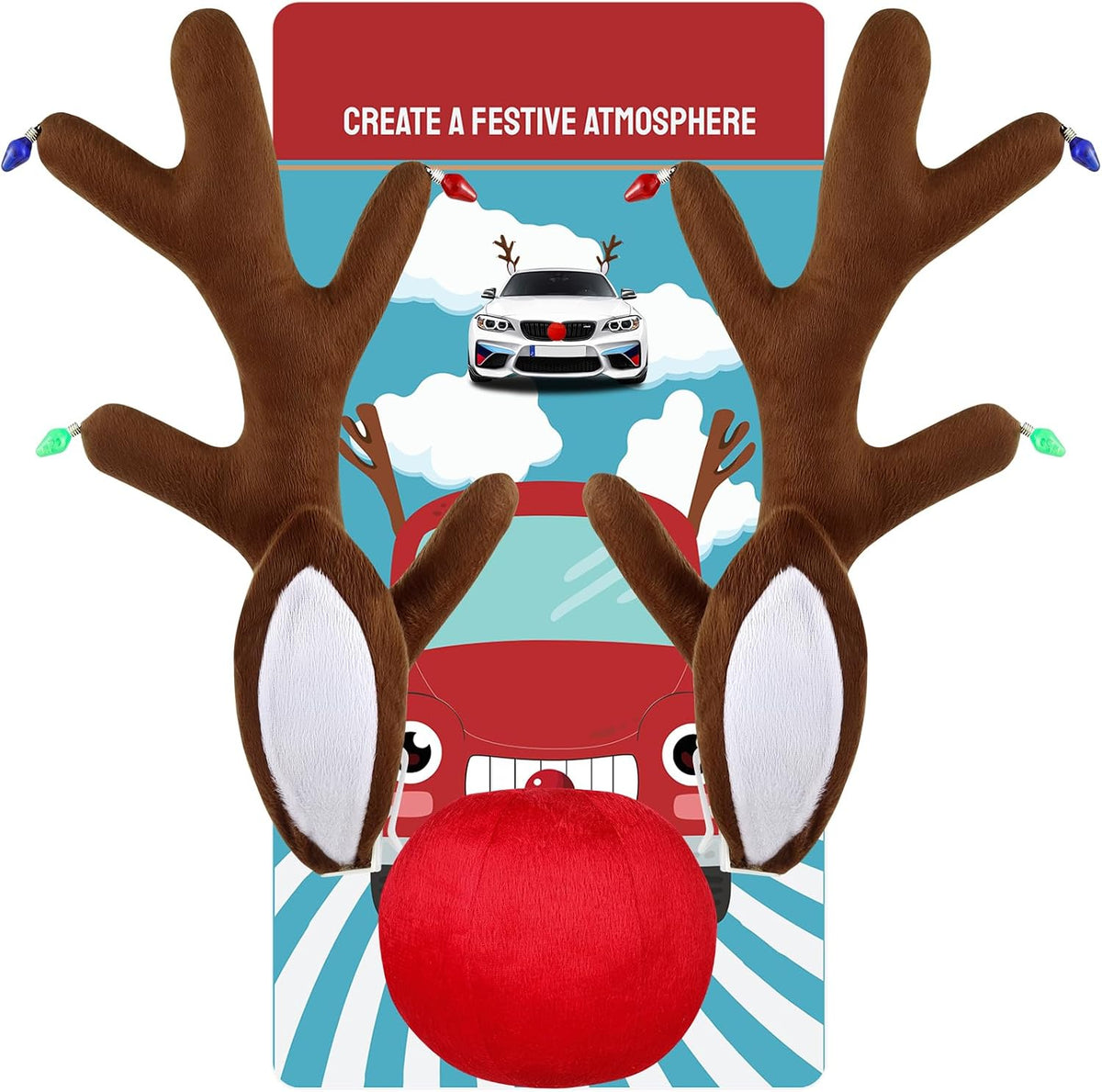 Christmas Car Reindeer Antlers with Ears and Nose - Festive Plush Antler Kit with Hanging Light - Universal Fit Rudolph Holiday Decoration for Car Window SUV Truck Xmas Gift