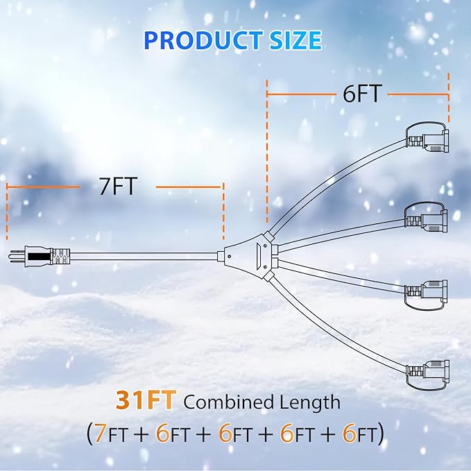 K KASONIC - 31FT Christmas Lights Outdoor Extension Cord with Mutil Outlets, ETL Listed Heavy Duty Electrical Cord with Protective Covers, Weatherproof Extension Cord for Outside, 16AWG/1625W, Green