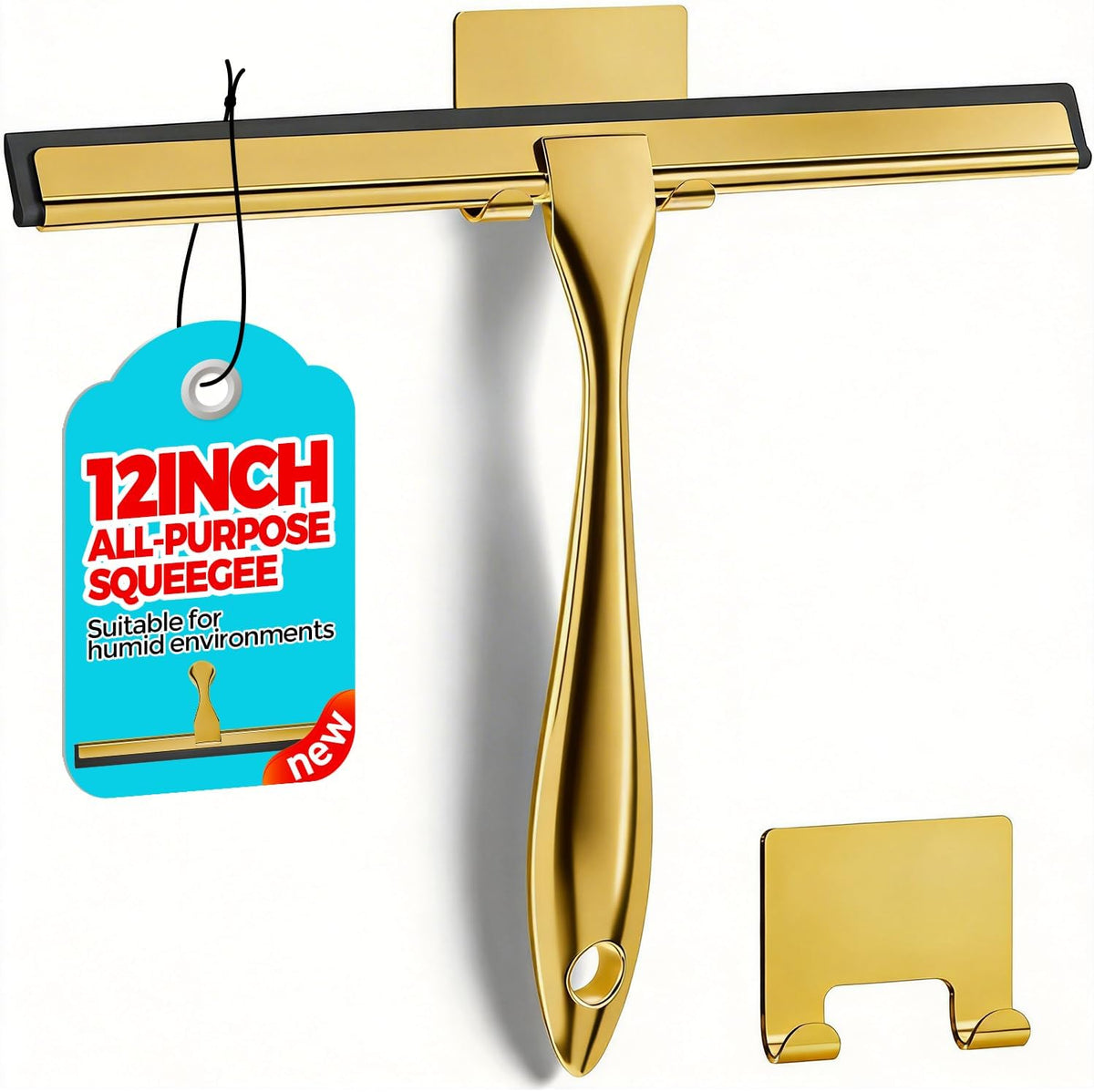 ALFLOD 12" Shower Squeegee for Glass Doors, Tile Walls, Car Windows, Gold | Bathroom accessories, new home essentials, silicone blade, metal handle, adhesive hook, household tool, multipurpose cleaner