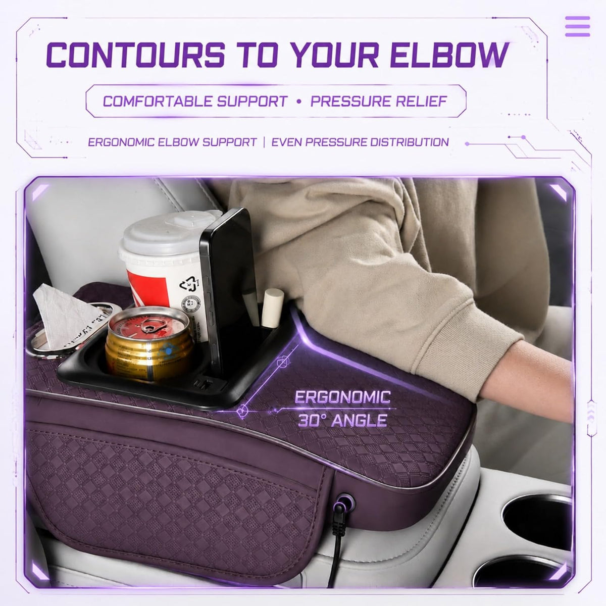 Car Center Console Armrest Cushion with USB& Type-C Charging Ports, Multifunction Armrest Organizer with Cup Holder, Tissue&Phone Slot, Side Pocket, Sloped Arm Rest Pad for Cars SUVs (Light-Beige)