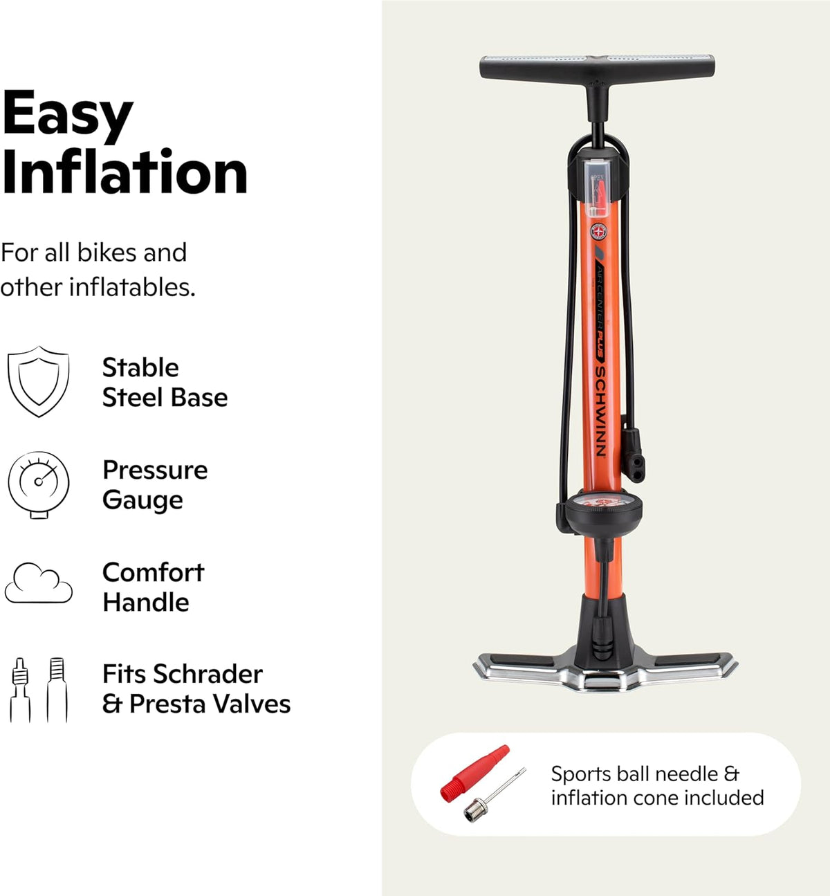 Schwinn Air Center Series Floor Pump - Dual Head Design for Schrader & Presta Valves | 100-160 PSI