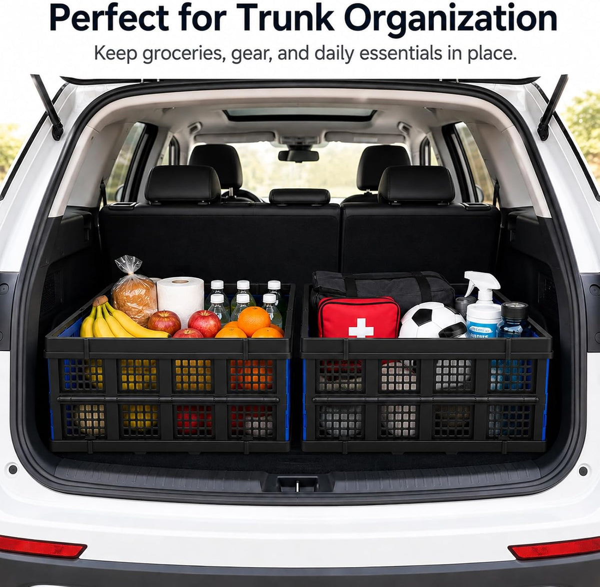 Collapsible Storage Crates 3 Pack, Stackable Foldable Storage Bins for Garage, Car Trunk, Warehouse & Home Organization, Heavy Duty Plastic Utility Crates, 49L, Blue