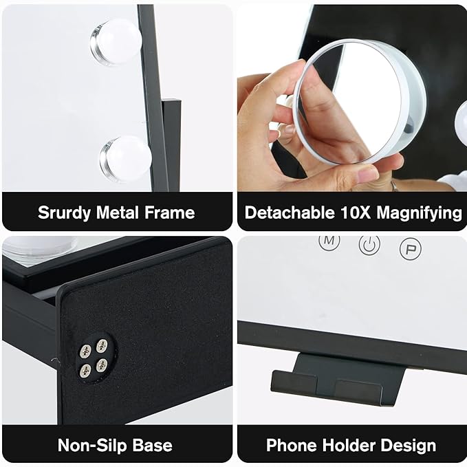 Vanity Mirror with Lights, Lighted Makeup Mirror, Hollywood Mirror with Phone Holder, 12 Dimmable LED Bulbs, 3 Color Lighting Modes, Detachable 10X Magnification, 360°Rotation(Black)